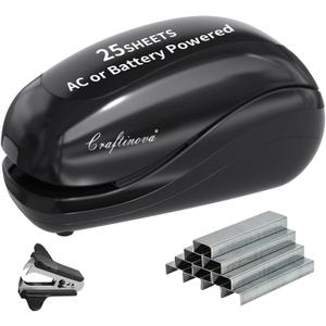 Electric Stapler,Including 2000 Staples and 1 Staple Remover, Suitable for Palm Size and high Comfort25 Sheet Capacity, AC Adapter or Battery PoweredBattery not Included(Black)