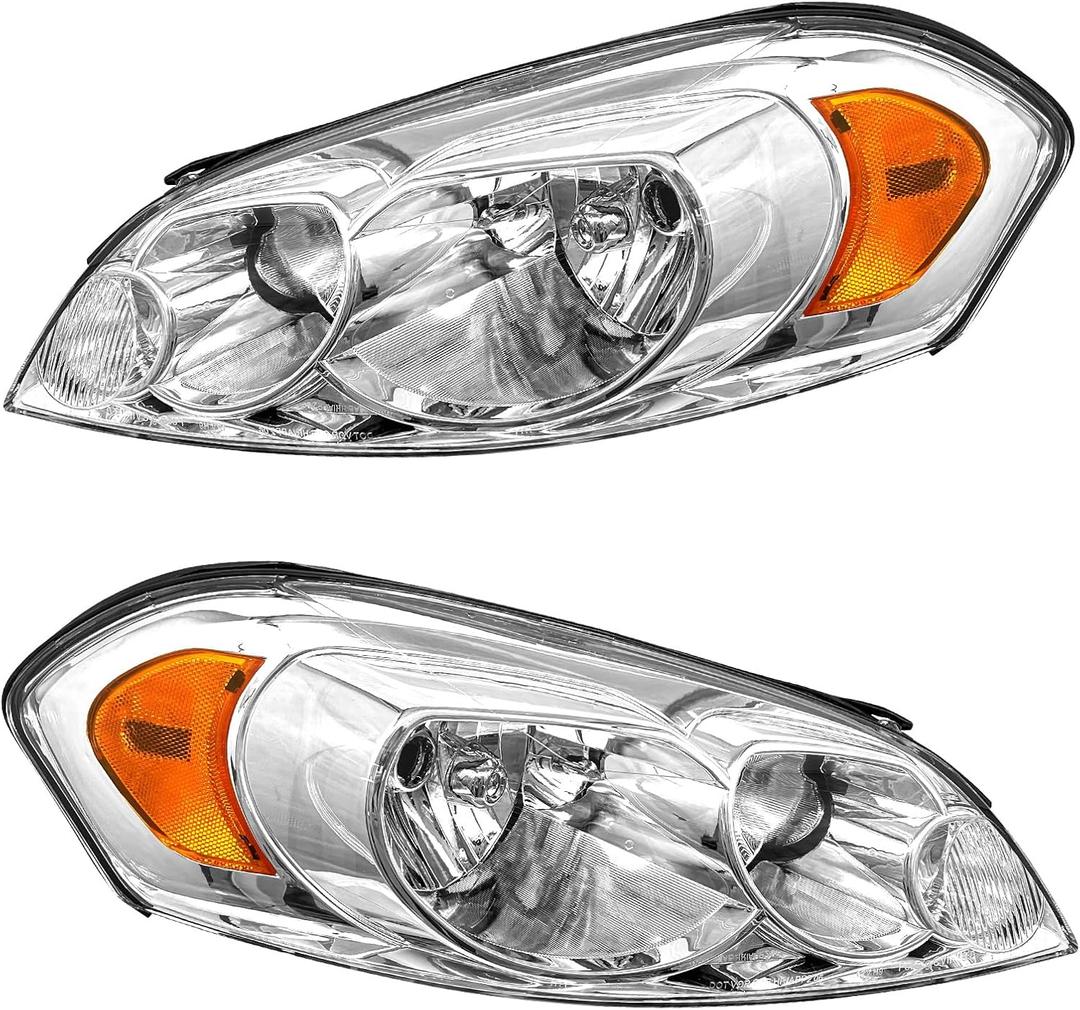 PetGirl Headlight Assembly for 2006-2013 Chevy Impala 06 07 Chevy Monte Carlo Chrome Housing Amber Reflector Clear Lens Driver & Passenger