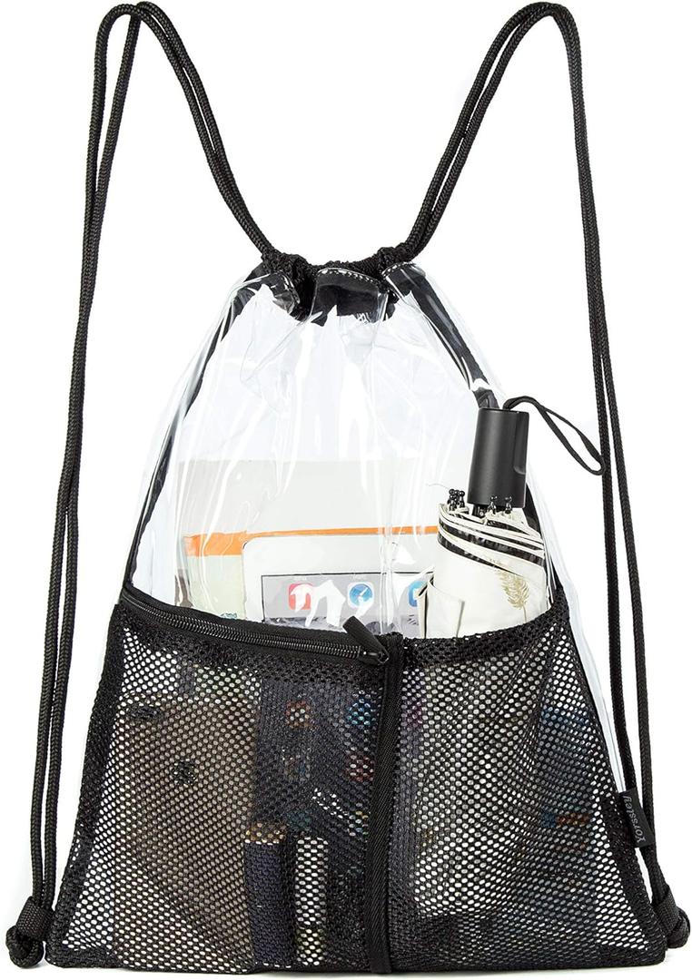 BORMELUN Clear Drawstring Backpack - Stadium Approved String Cinch Bag for Gym, Concerts, Clear Bag with Adjustable Straps Transparent (Black)