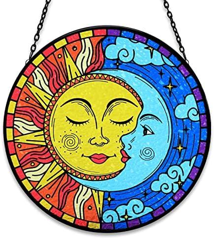 Sun and Moon Decor Stained Glass Boho Suncatcher for Windows Hanging Sun Moon Eclipse Celestial Decor for Garden Living Room Conservatory Witchy Gifts for Women Christmas Thanksgiving Gifts