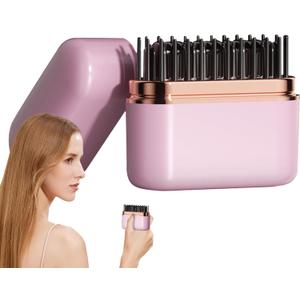 Womens Portable Hair Straightener - Cordless Heat Comb Brush, Negative Ions Styling Tool | USB Rechargeable Lightweight Device, Three Temperature Hot Comb, Effortless Smoothing Equipment, Quick Hair (Pink)