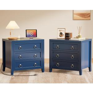 Huuger 23.6 Inch Night Stand with Charger Station and USB-C Port, 3 Drawer Nightstands Set of 2, Larger Wider Bedside Table, Modern End Table, for Bedroom, Blue Nightstand