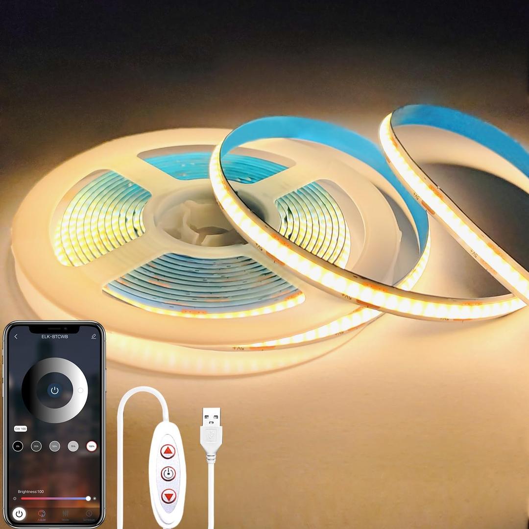 COB LED Strip Lights 6.6FT,3000K 5V USB Powered Dimmable Warm White Flexible Light Strip TV LED Backlights8mm Width LED Rope Lights with App Control for Living Room,KitchenShelf, Cabinet