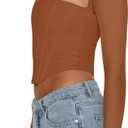 REORIA Women's Sexy Mesh Long Sleeve Boned Corset Top Trendy Y2K Square Neck Going Out Bustier Crop Tops (Brown, M)