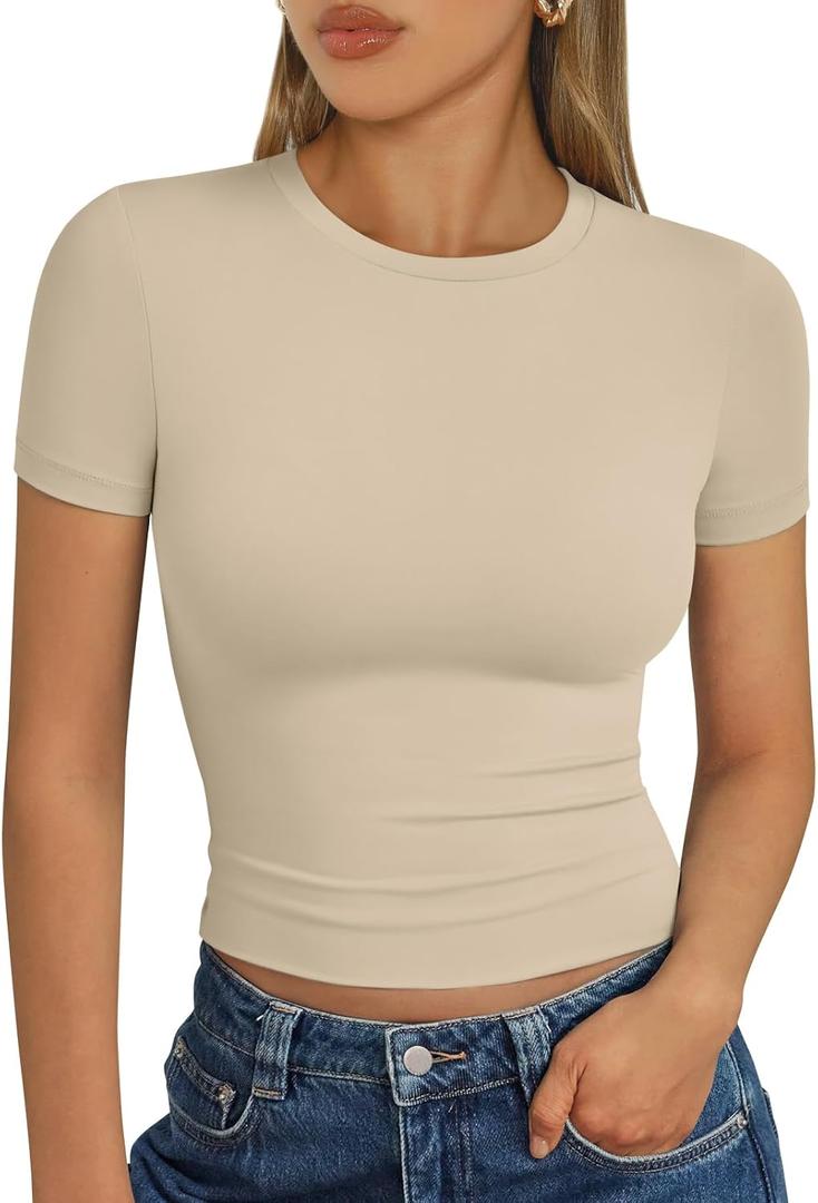 Trendy Queen Womens Short Sleeve T Shirts - Buttery Soft Summer Crop Tops Slim Fit Y2k Basic Tees for Workout M