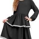CHILDRENSTAR Girls Long Sleeves Ruffled Dress Fall Loose Fit Rickrack Tiered Flowy Twirl Dresses for Kids (Black)