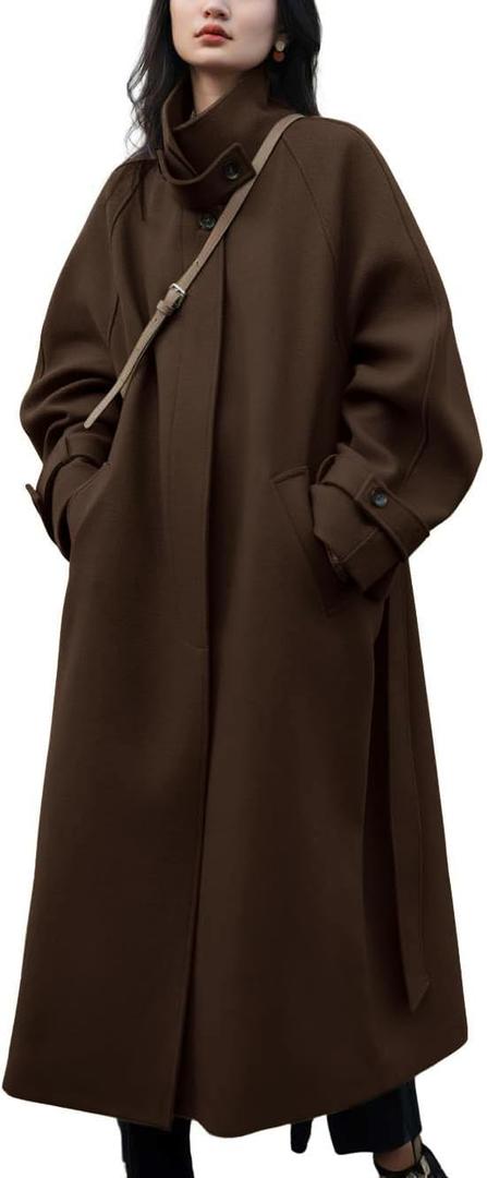 chouyatou Women's Winter Hidden Single Breasted Wool Coat Raglan Sleeve Business Long Wool Overcoat (Medium, Coffee)