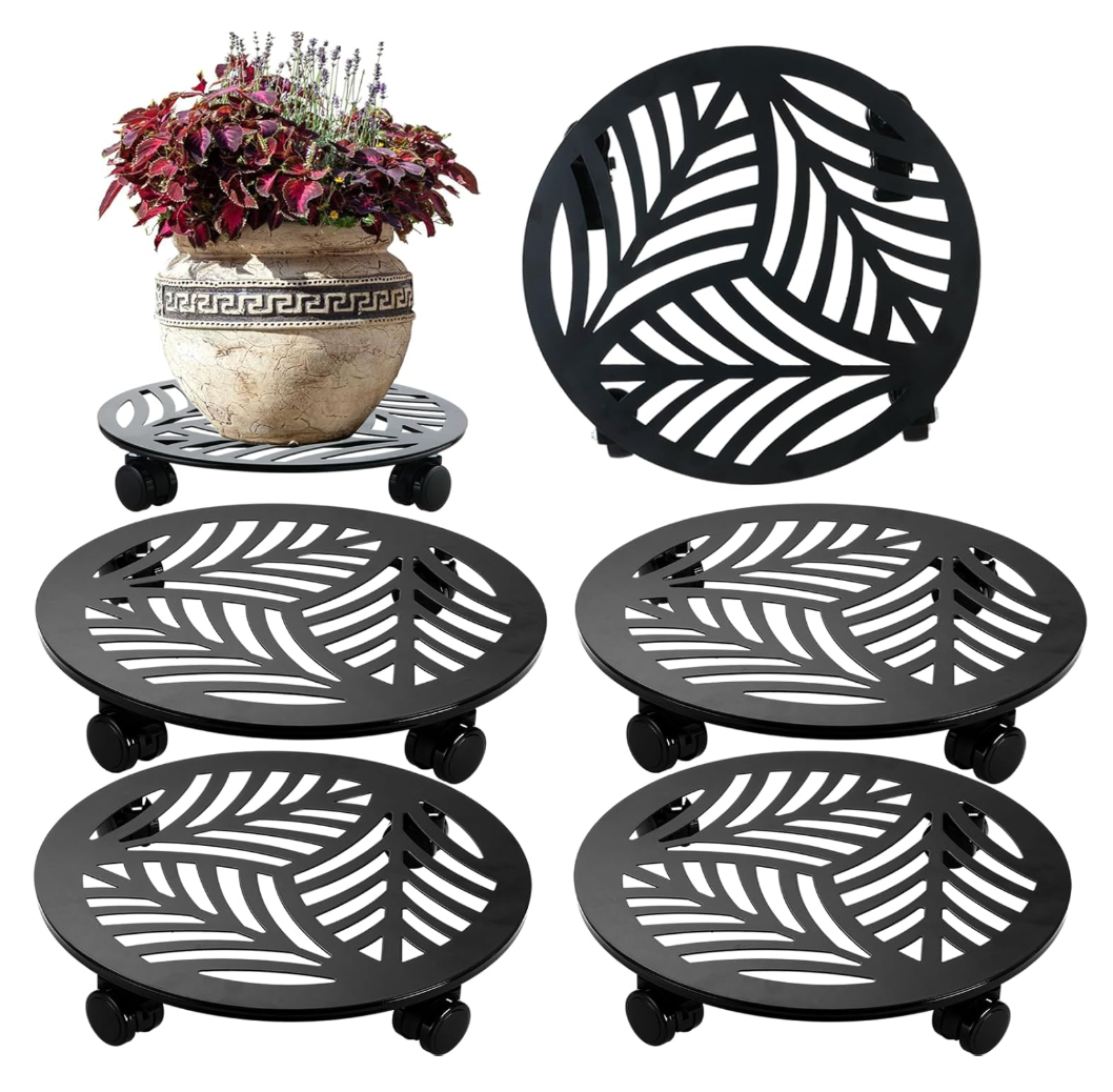 4 Packs Large Metal Plant Caddy with PU Wheels 13.6" Heavy-Duty Wrought Iron Rolling Plant Stands Indoor Outdoor Wheeled Plant Dolly Planter Mover Rollers Plant, Leaf Style