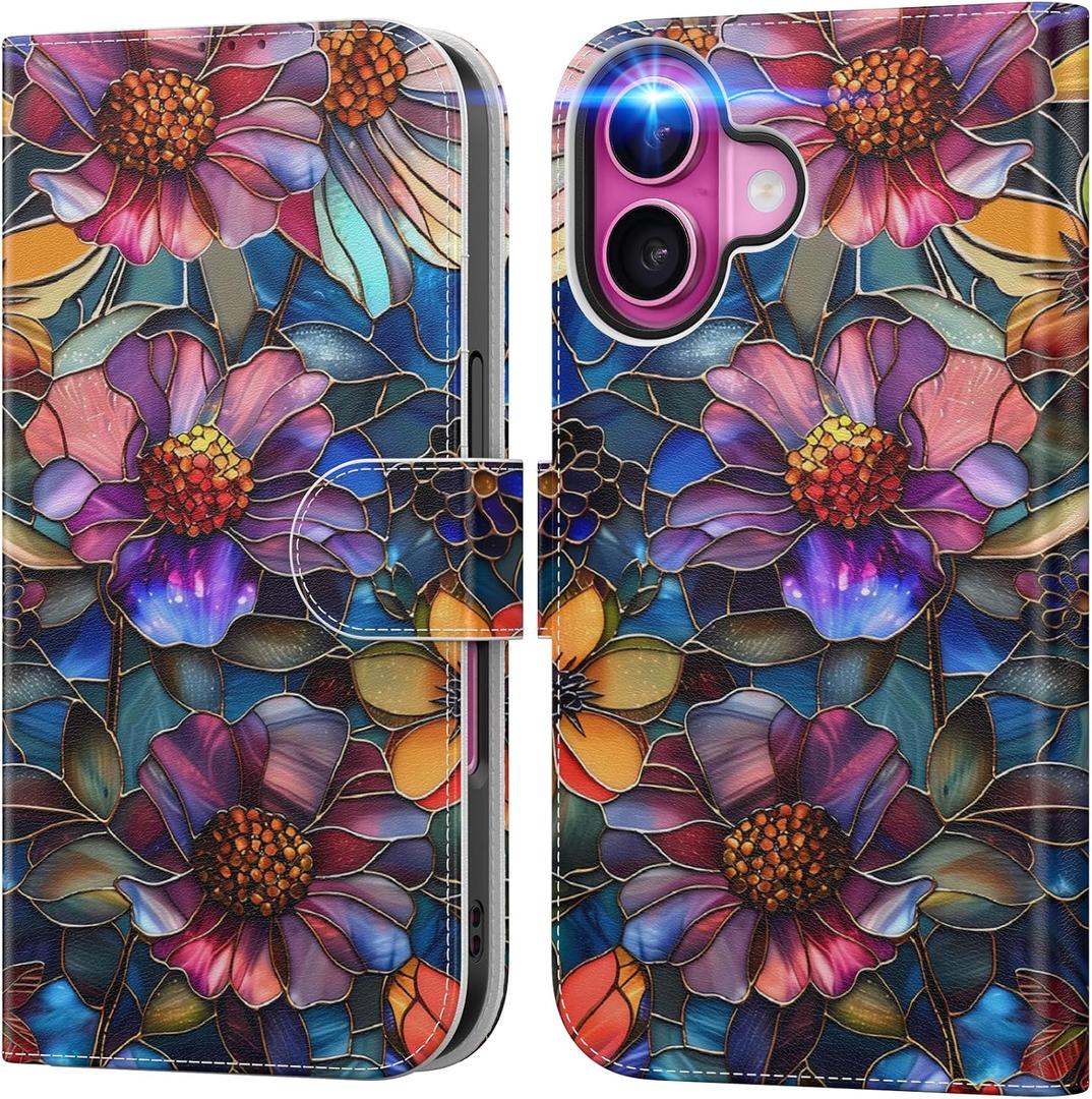 DEENAKIN for iPhone 17 Wallet Case with Card Holder + Cash Clip, RFID-Blocking, Military-Grade Drop Protection & UV-Printed Artwork, Magnetic Closure with Leather Kickstand - Vibrant Defined Blossoms