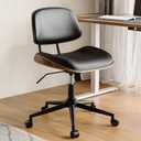 Armless Office Chair with Wheels, PU Leather Adjustable Height Desk Chair - 360 Swivel Ergonomic Computer Chair for Small Space, Modern Walnut Style, Home & Meeting Room, Black, 1-pack