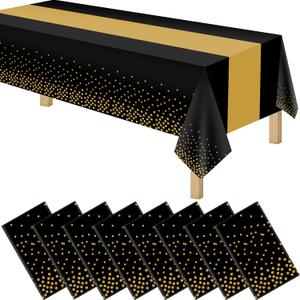 8 Pack 2in1 Disposable Plastic Tablecloths 54" x 108" Back and Gold Dot Party Table Cloth Rectangle Table Cover for Wedding Birthday Baby Shower Anniversary Christmas New Year Party Decorations