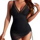 Blooming Jelly Women's One Piece Swimsuit Tummy Control Swim Dress Modest Bathing Suit Mesh Sarong Wraps Swim Suits (Medium, Black)