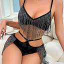 SweatyRocks Women's Fringe Cut Out Lace Bra and High Waist Panty Sets 2 Piece Sexy Lingerie (Black, L)