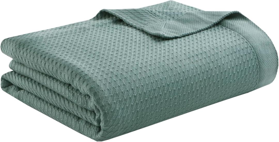 Madison Park 100% Egyptian Cotton Lightweight Summer Blanket, Breathable Waffle Knit Design, Soft Cozy All-Season Throw for Bed, Couch or Sofa, Teal Full/Queen Size (90"x90")