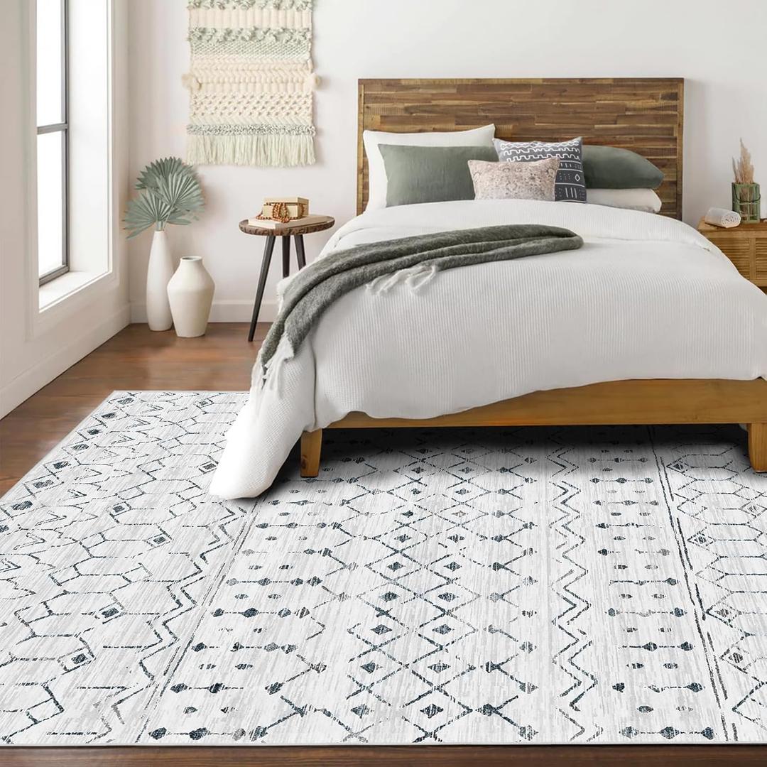 Deerly Living Room 8 x 10 Rug, Boho Moroccan Farmhouse Washable Distressed Area Rug with Non-Slip Backing, Large Soft Neutral Morden Indoor Carpet for Bedroom Dining Room, White/Dark Grey