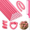 Syhood 30 Pieces Flexible Curling Rods Twist Hair Rollers Soft Foam Rods No Heat and 1 Pcs Steel Rat Tail Comb for Women Long and Short Hair(7 x 0.3 Inch,Pink)