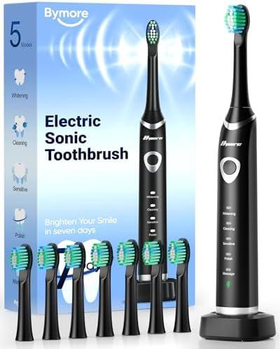 Bymore Electric Toothbrush for Adults,Travel Sonic Toothbrush with 7 Replacement Heads, Ultra Clean Rechargeable Toothbrush Portable One Charge for 330days 5 Modes 2mins Timer-Black