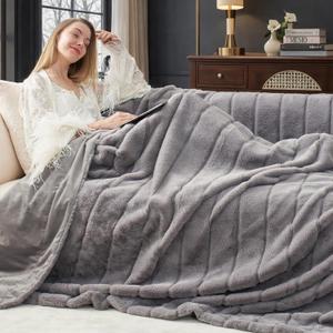 Cozy Bliss Deluxe Sheared Rabbit Faux Fur Throw Blanket, Soft Fuzzy High-Low Sculpted Plush Blanket for Couch, Cozy Home Accent, All Season Use, Grey 60"x80"