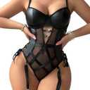 Sexy Strappy Lace Up Underwire Sheer Leather Garter Belt Teddy Bodysuit Lingerie Top 2 Piece Set (Small, Black)
