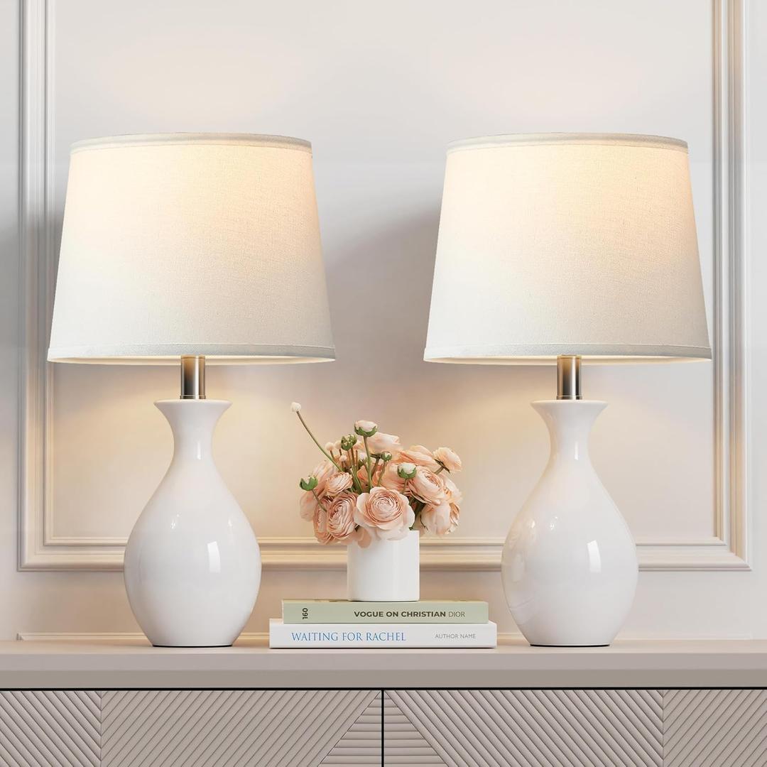 PARTPHONER Table Lamp Set of 2, Modern Ceramic Bedside Lamps for Night Stands, Classic Small Lamp Nightstand Lamp for Bedroom Living Room Desk End Table Rocker Swtich White