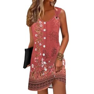 ETCYY Sun Dresses for Women 2025 Vacation Beach Swimsuit Coverups Sundresses Button Down Sleeveless Summer Dress,Floral Red,Large