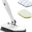 nacena Shower Scrubber with Long Handle, 4 in 1 Tile Tub Scrubber Brush with 3 Detachable Cleaning Shower Heads and Floor Squeegee Shower Cleaner Brush for Bathroom Kitchen Tub Sink Floor, Grey White