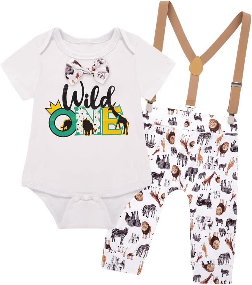 Baby Boys First Birthday Outfit Funny Bowtie One Year Old Cake Smash Pants Set (6-12 Months, Brown)