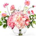 Peonies Artificial Flowers in Vase, Pink Flowers Artificial with Faux Water, Silk Peonies Artificial Flowers Arrangements Indoor Realistic Fake Flowers for Table Wedding Party Home Decor