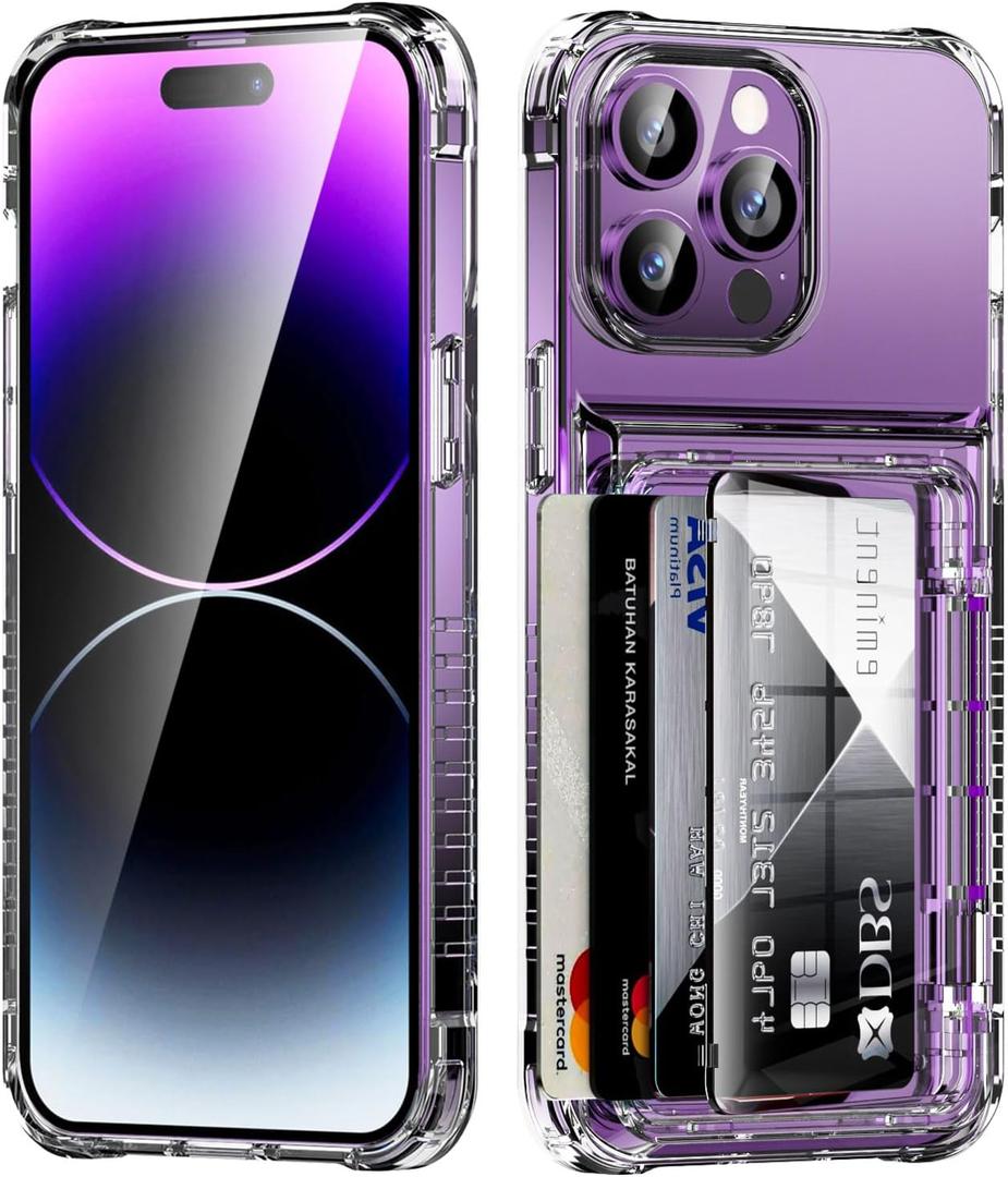 for iPhone 14 Pro Case Wallet Clear Protective Phone Case with Credit Card Holder Heavy Duty Protection Shockproof Anti-Scratch Anti-Yellow Cover for iPhone 14 Pro 6.1 inches Transparent