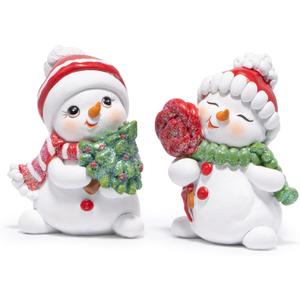 Hodao Christmas Snowman Figurines Decor  Resin Figurines with Glittered Finish, Hand-Painted-Look Tabletop Ornaments Mantel, Tiered Tray, Shelf, Stocking Stuffer
