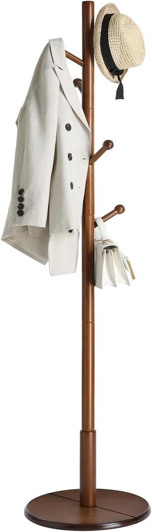 VASAGLE Solid Wood Coat Rack, Free Standing Hall Coat Tree with 7 Hooks, 3 Height Options, for Coats, Hats, Bags, Purses, for Entryway, Hallway, Rubberwood Hooks and Pole