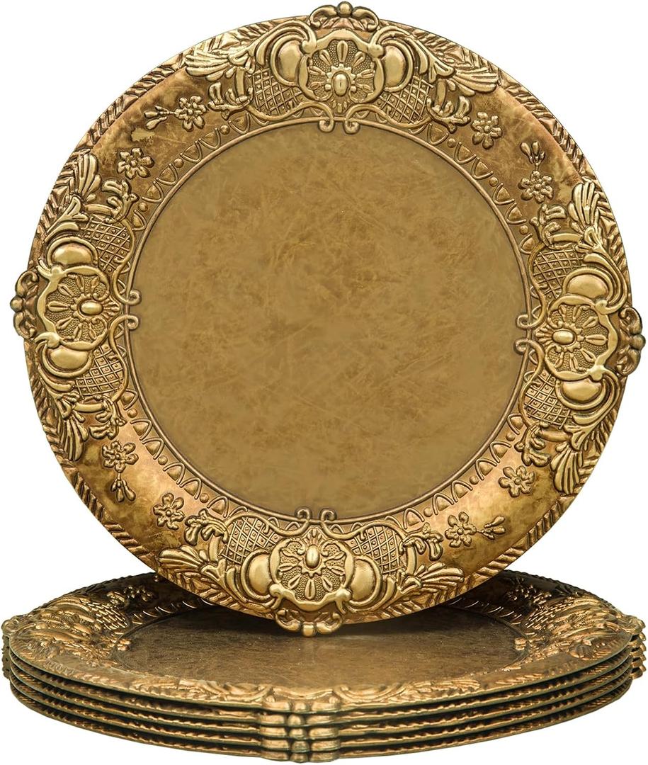 MAONAME 13" Antique Gold Charger Plates, Plate Chargers with Embossed Rim, Round Plastic Charger Plates for Wedding, Table Decor, Set of 6