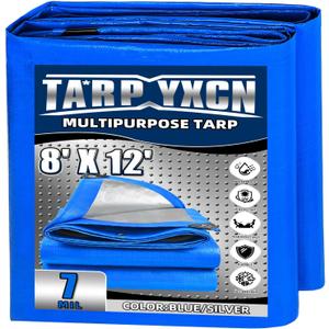 Tarp 8x12 Feet, 7 Mil Thick Waterproof Poly Tarps Cover UV Resistant, Rip & Tear Proof with Metal Grommets Every 20 Inche (Blue/Silver)
