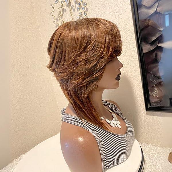 Short Layered Pixie Cut Human Hair Wig for Black Women Model Length 4# Chocolate Brown Color Brazilian Virgin Straight Hair Glueless Full Machine Made Side Part Short Wigs With Bangs (Brown)