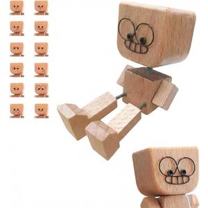 Shaking Wooden Man Figurine - Shaking Feet Wooden Doll for Car Dashboard Decorations, with 12PCS Magnetic Expressions, Funny Handmade Desk Decor for Office Home, Creative Wood Gift Idea