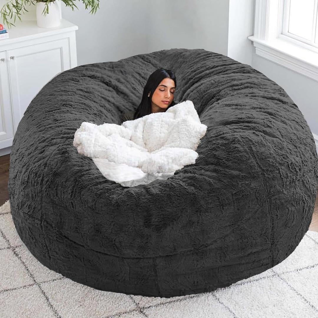 Big Beanbag Chair Cover for Adults and Kids No Filling Comfy Cover for Lazy Sofa Bedroom Floor Chair, Dark Grey, 7FT