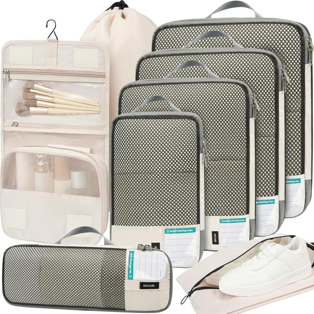 Bagail 4 Set/6 Set/8 Set Compression Packing Cubes Travel Accessories Expandable Packing Organizers (Half Mesh, 8-Beige)