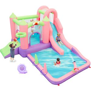 WELLFUNTIME Inflatable Water Slide and Water Park with Blower, 9 in 1 Bounce House Bouncy Castle for Kids Aged 3-6, Splashing Pool, Basketball Hoop, Water Cannon for Backyard, 121 x 104 x 65 inches