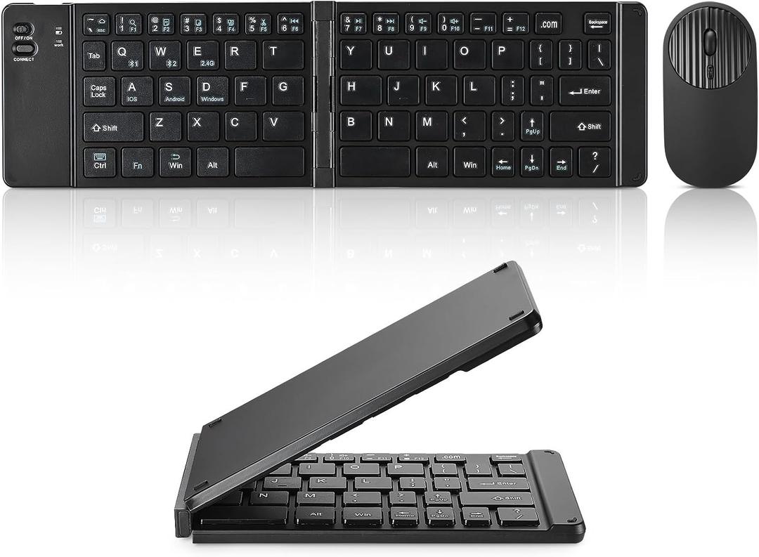 Mini Rechargeable Foldable Bluetooth Keyboard and Mouse Combo, Portable (Sync Up to 3 Devices), Ultra-Slim Travel Folding Keyboard for iPhone iPad Mac Android Windows iOSBlack