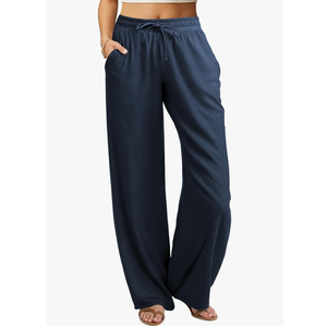 keriffe Women's Summer Casual Pants Loose Fit Beach Pants High Waist Drawstring Wide Straight Leg Palazzo Trousers Pockets Navy Blue, M