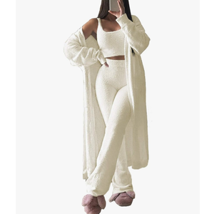 Fixmatti Women's Fuzzy 3 Piece Sweatsuit Open Front Cardigan Crop Tank Tops Wide Legs Pants Lounge Sets.L