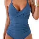 B2prity Women's One Piece Swimsuits Tummy Control Front Cross Bathing Suits Tie Back Slimming V Neck Swimwear, Hazeblue (Small)