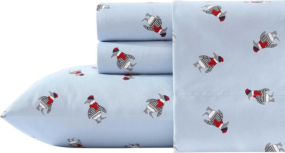 Nautica - Twin Sheet Set, Brushed Flannel Bedding Set, Soft & Cozy Home Decor, Oeko-Tex Certified (Penguin Toss Blue, Twin)