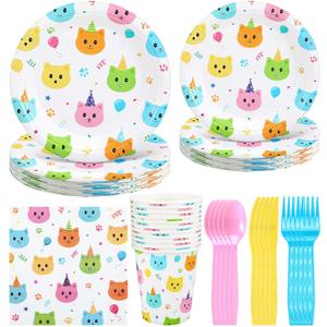 Zhehao 168 Pcs Cat Birthday Party Supplies Cat Birthday Decorations Tableware Set Includes Plates, Napkins, Cups, Knife, Fork and Spoon Dinnerware for Kitten Party Decorations, Serves 24