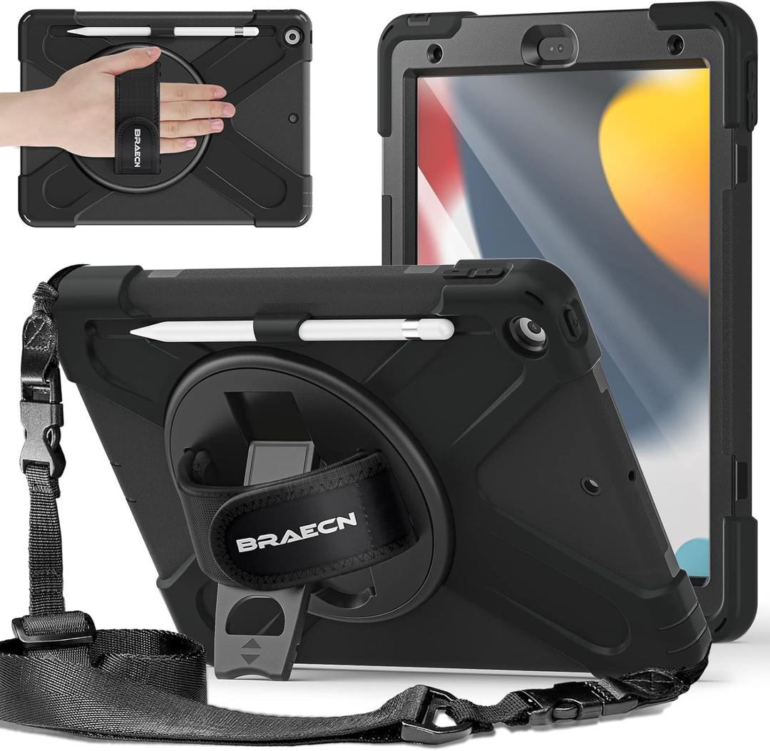 BRAECNstock Case for Apple iPad 9th/ 8th/ 7th Generation 10.2" 2021/2020/2019, Shockproof Protective iPad 10.2 inch Case Kids with Screen Protector, Pencil Holder, Rotating Hand Strap & Stand, Black