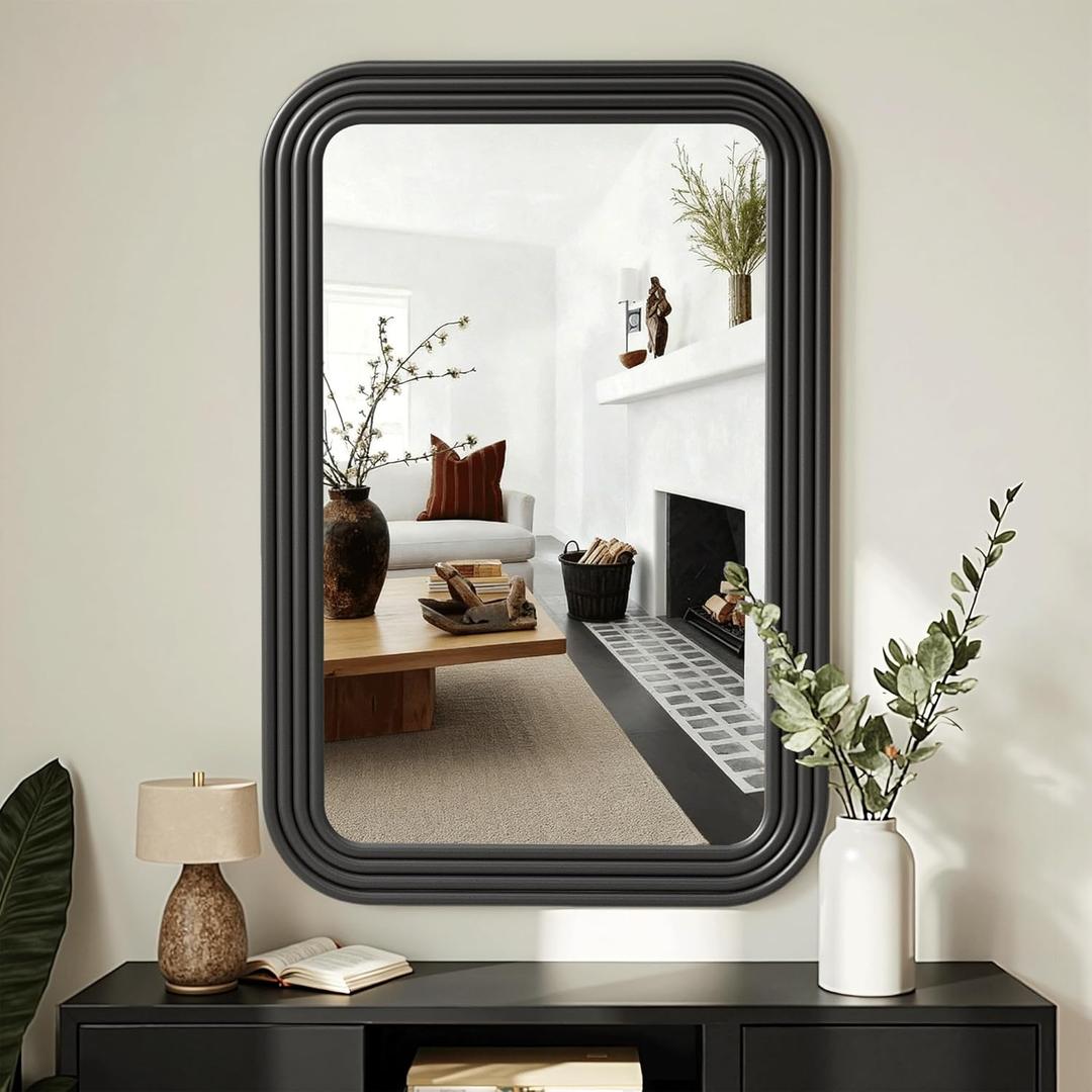 Bathroom Mirror for Wall, 36"x24" Farmhouse Wall Mounted Full Length Decorative Mirror with Tempered Glass, Natural Wooden Frame Vanity Mirror for Bedroom, Living Room, Entryway,Black Rounded