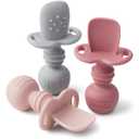 SAMiGO Silicone Baby Spoons Self Feeding 6+ Months - Infant Toddler Utensils - First Stage Baby Led Weaning Feeding Supplies - Set of 3 Pack (Rosy)