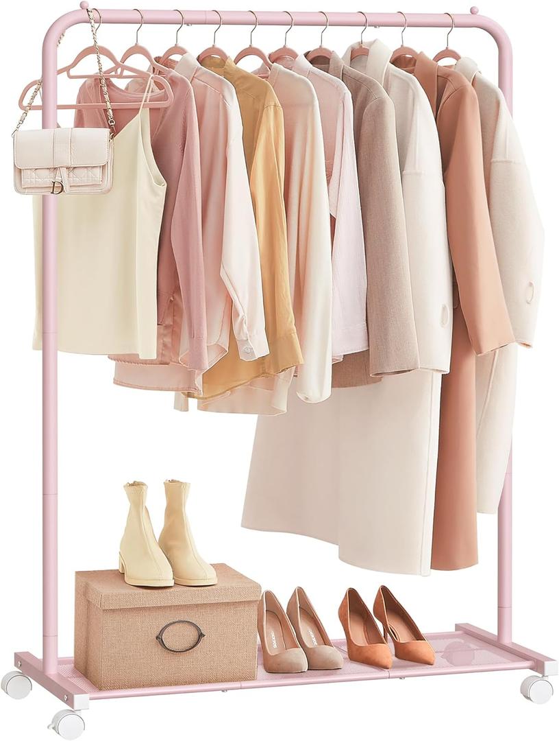 SONGMICS Clothes Rack with Wheels, Clothing Rack for Hanging Clothes, 25.4mm Metal Garment Rack with Dense Mesh Storage Shelf, 110 lb Load Capacity, 2 Brakes, Pink UHSR025P01