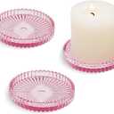 Glass Pillar Candle Holder, 4" Pink Candle Plates Set of 3, Glass Candle Holders for Wedding, Party, Holiday, Home Decor, Table Centerpiece