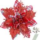 GREENTIME 12 Pcs Glitter Poinsettia 5.5" Artificial Flowers Christmas Farmhouse Plaid with Clips Stems Xmas Tree Ornaments for New Year Stairs Fireplace Porch Balcony Garden Church Wreath Decoration (Red&white Rlattice)